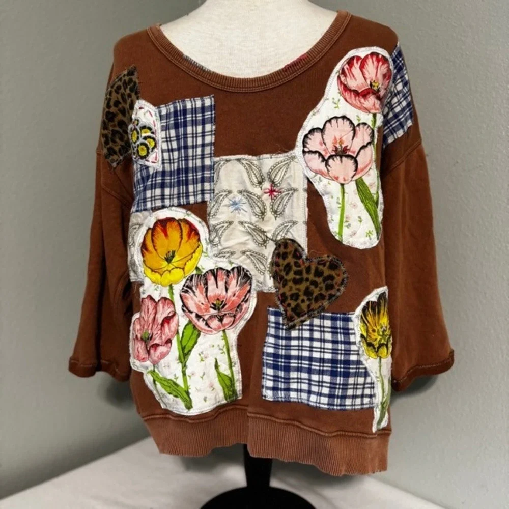 Aerie Custom Patchwork Floral Leopard Plaid Sweatshirt Womens S Vintage - Picture 5 of 8